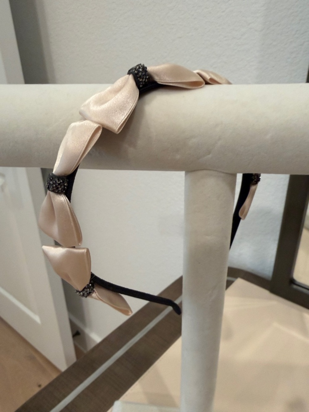 Satin Bow Accent Headband in Champagne Beige